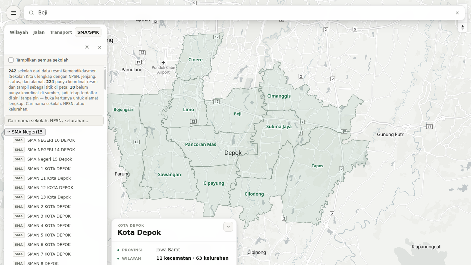 depok-map: An interactive city map built on official Indonesian data sources